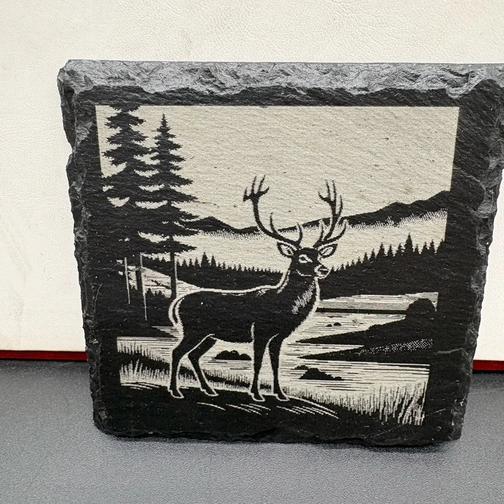 Rustic Deer Slate Coasters‎ - Black and Gray (Set of 4) Laser Engraved Coated
